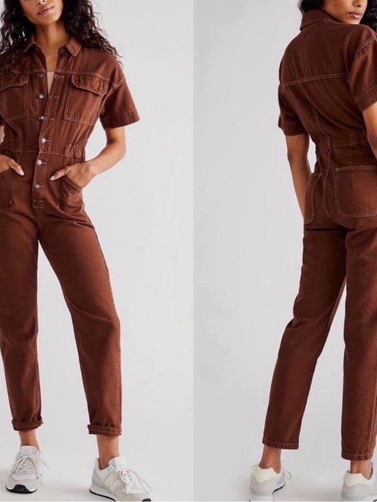 Free People Pants - Free People Brown Denim Short-Sleeve Utility Jumpsuit
